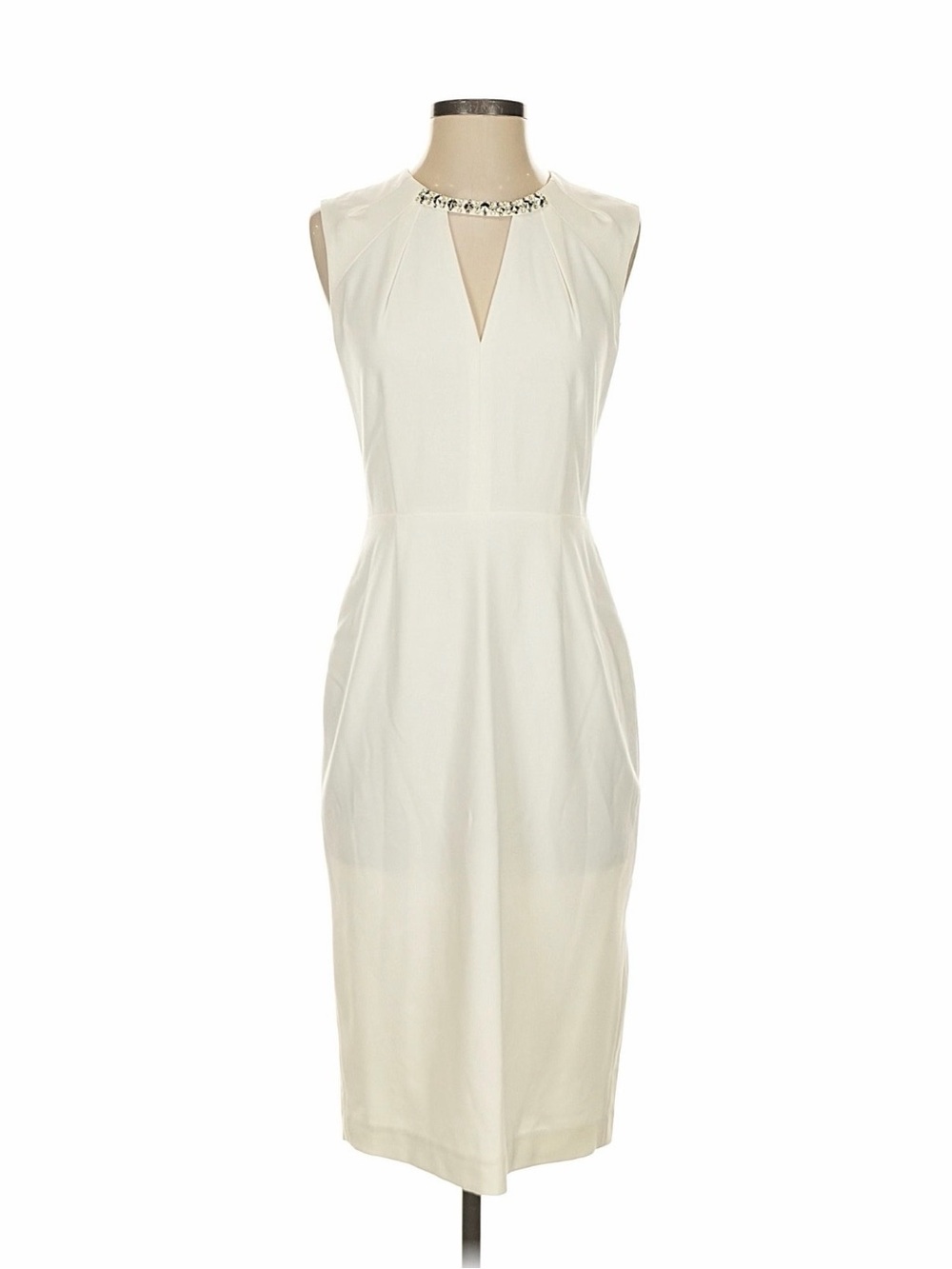 BCBGMaxAzria Ivory Midi Dress with Embellished Neckline